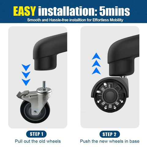 Office chair caster wheels set of 5, black, standard stem 7/16×7/8 in, for hardwood or carpet floors