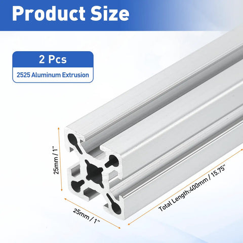 Two Pack 1010/10 Series Aluminum Extrusion Profile 1x1 Inch European Standard Anodized Linear Rail For 3D Printers And CNC Machines 400mm Length Silver Finish Smooth Sliding Guide Frame, 25x25mm, 2 pcs