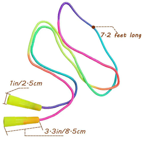 Rainbow Jump Rope Set For Kids, 10 Durable Nylon Skipping Ropes, 7.2 Feet Each, close-up of colorful rope with size details