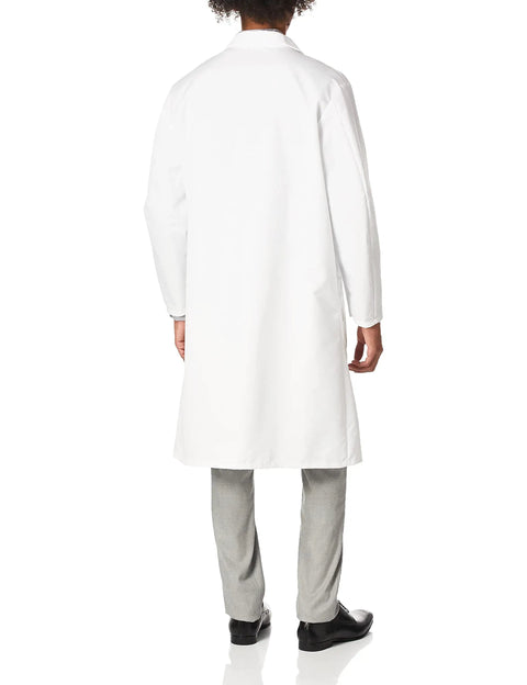 Back view of Exterior Pocket Lab Coat for Men in White Medium, Lightweight 5 oz Performance Poplin, Breathable Polyester Cotton Blend