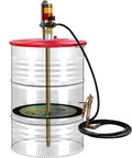 Badass Air Powered Pneumatic Grease Pump With 16 Foot Tube And 55 Gallon Drum Cap featuring solid aluminum head and hose connection.