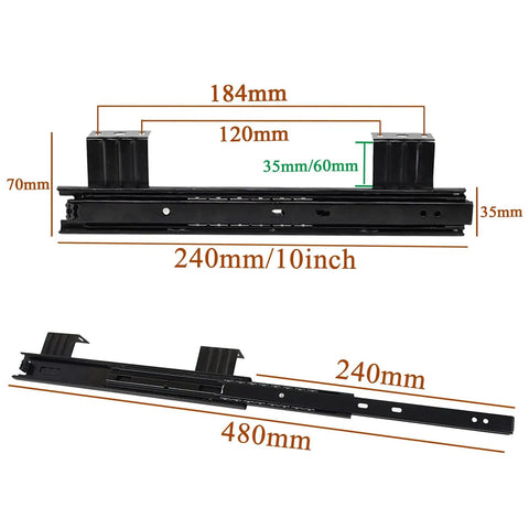 Heavy Duty Ball Bearing Keyboard Tray Slides For Cabinets 240mm Or 290mm Closed Length With 480mm Or 578mm Extended Reach 35mm Wide Smooth Quiet Rustproof Cold Rolled Steel Drawer Guides, 240mm slide