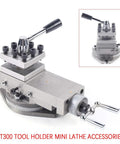 AT300 mini lathe tool post assembly with quick-change holder, adjustable tool rest, gray metal construction
