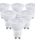 GU10 LED Bulbs Dimmable Pack Of 6, UL Listed, 50W Halogen Equivalent, shown in a row with GU10 bases, 500 Lumens, 5000K Daylight