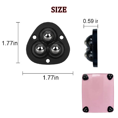 No Sweat Setup Self Adhesive Mini Caster Wheels Low Profile Smooth Riding Rollers showing dimensions and design with black swivel glides.