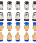 PC4-M6/M10 pneumatic push-to-connect fittings for 3D printer Bowden extruders, 20 pcs, brass with blue seals, front view