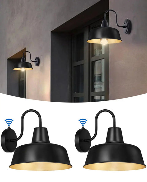 Dusk To Dawn Outdoor Wall Sconces With Sensor, Dope Vintage Matte Gooseneck Barn Lights, Black And Gold, 2 Pack, shown on wall