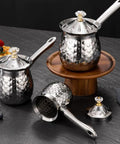 Three Turkish Coffee Pot Cezve Ibrik 200ml Stainless Steel Stove Top Brewers with Spout, lids removed, shown on a dark surface.