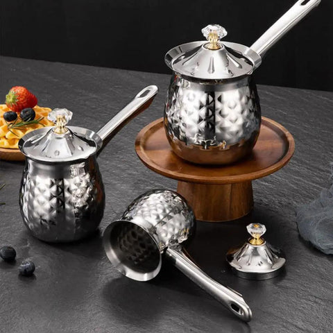 Three Turkish Coffee Pot Cezve Ibrik 200ml Stainless Steel Stove Top Brewers with Spout, lids removed, shown on a dark surface.