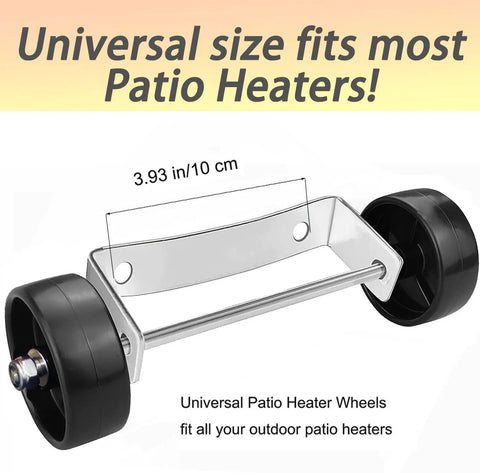 Side view of Amazon universal patio heater wheel kit with stainless steel bracket and black wheels