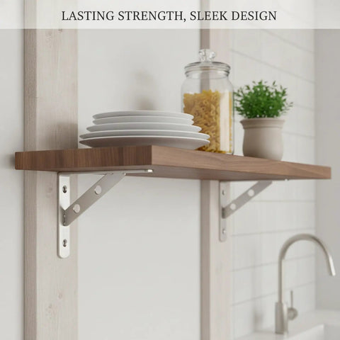 Beefy Heavy Duty L Shape Wall Shelf Bracket Made From 304 Stainless Steel For Kitchen Bathroom And Garage Shelving, holding wooden shelf