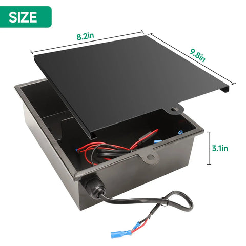 Inside view of Heavy Duty 12V Battery Box Housing Built Tough For Deer Feeders And Gate Openers with measurements.