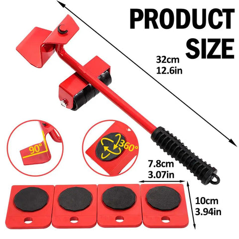 Heavy Duty Furniture Lifter And Moving Dolly Kit With Wheels, showing ergonomic lever and rollers, 32cm in length, red color
