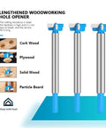 Front view of three carbide-tipped lengthened woodworking drill bits with hex shanks and blue ends