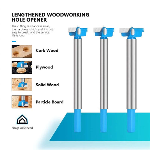 Front view of three carbide-tipped lengthened woodworking drill bits with hex shanks and blue ends