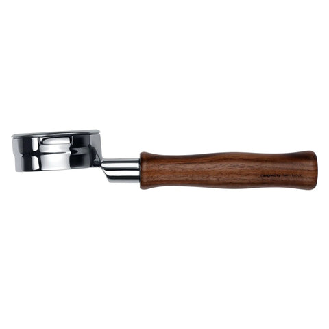 58mm Bottomless Portafilter For Breville Dual Boiler Espresso Machines With An 18 Gram Basket And Solid American Walnut Handle shown from side view.