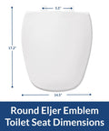Eljer Emblem Round Toilet Seat White Plastic Durable Comfort Fit For Eljer Emblem Toilets Easy Top Hinges Install Made In USA Quiet Stain Resistant Seat, dimensions shown