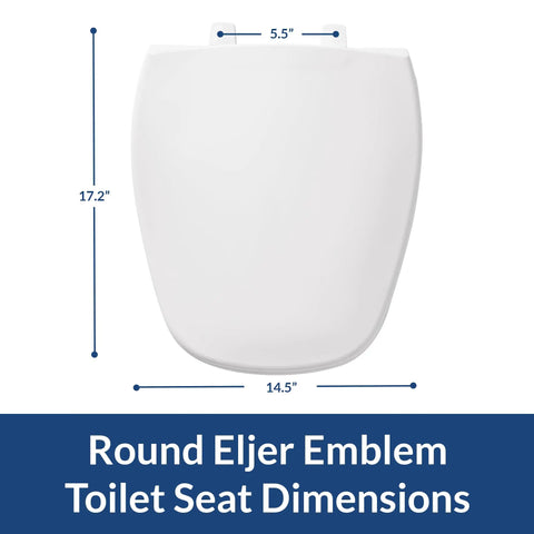 Eljer Emblem Round Toilet Seat White Plastic Durable Comfort Fit For Eljer Emblem Toilets Easy Top Hinges Install Made In USA Quiet Stain Resistant Seat, dimensions shown
