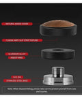 Adjustable Height Espresso Coffee Distributor Tool For Flawlessly Even Coffee Beds parts showing stainless steel base and walnut cover