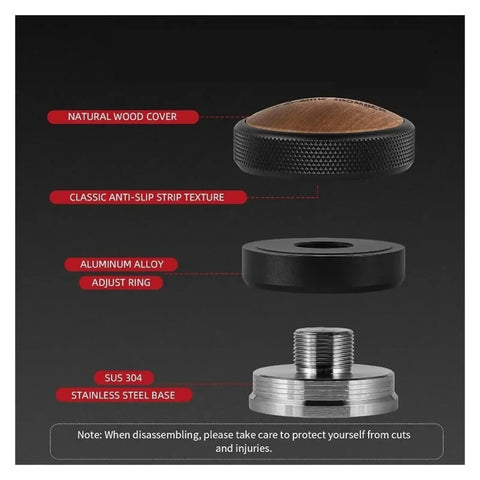 Adjustable Height Espresso Coffee Distributor Tool For Flawlessly Even Coffee Beds parts showing stainless steel base and walnut cover