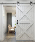 Matte Black Gate Handles Set Of 10 5.5 Inch Barn Door Pulls For Cabinets, shown on white sliding barn door in living room