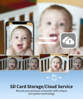 1080P Indoor Baby Cam With Audio And Night Vision Nanny And Pet Surveillance Camera With Sound And Motion Alerts Two Way Talk Remote Viewing Easy Setup White showing baby video streaming and cloud storage options on phone.