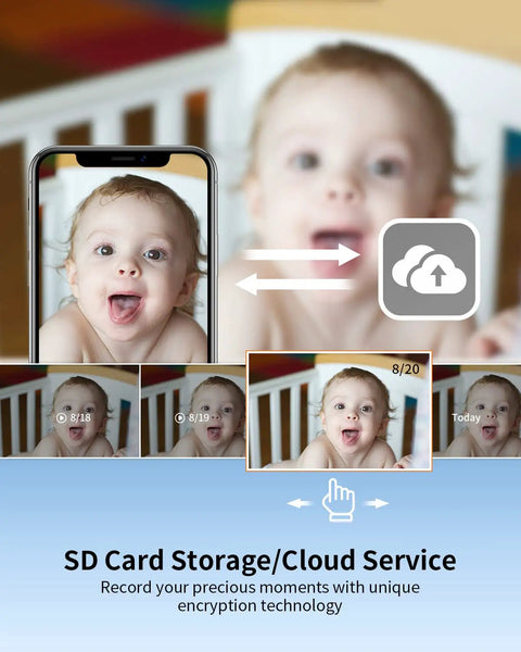1080P Indoor Baby Cam With Audio And Night Vision Nanny And Pet Surveillance Camera With Sound And Motion Alerts Two Way Talk Remote Viewing Easy Setup White showing baby video streaming and cloud storage options on phone.