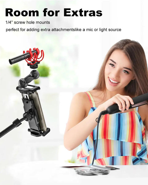 Tablet And Phone Tripod Mount Adapter With 1/4 Inch Thread And 17mm Ball Head installed with mic, woman using device
