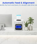 Plug And Play Crew Attendance Clock Featuring Auto Align Punch System With Fifty Standard Cards Dual Tone Inking Backlit Interface Zero Hassle Setup Top Tier Gear For Bosses Running Fast Growing Operations, showing time card alignment.