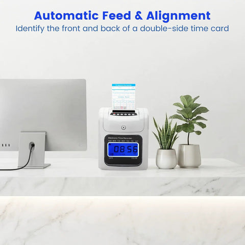 Plug And Play Crew Attendance Clock Featuring Auto Align Punch System With Fifty Standard Cards Dual Tone Inking Backlit Interface Zero Hassle Setup Top Tier Gear For Bosses Running Fast Growing Operations, showing time card alignment.