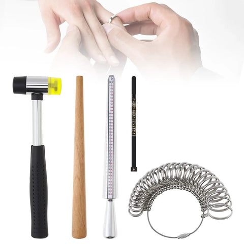 Ring Sizer Mandrel Measuring Tool Kit For Jewelry Making, All In One Gauge Set With Wood Cone, Rubber Mallet, Wire Wrapping Tools