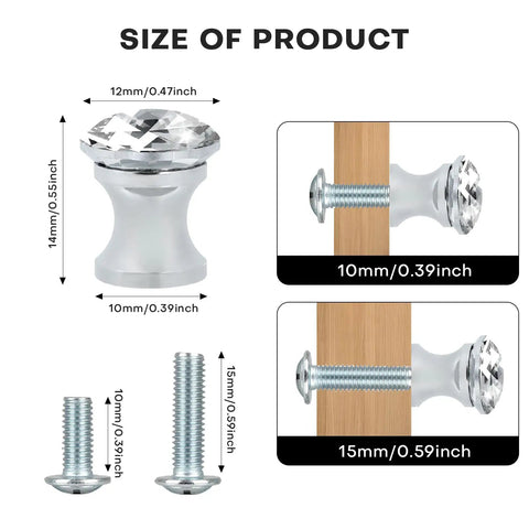 Super Sparkle 16-Pack Crystal Glass Cabinet Knobs With Shiny Aluminum Bases 12mm x 14mm size details with screws.