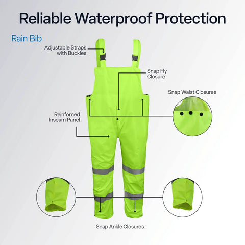 Hi Vis Rain Gear Set With Detachable Hood Three Piece Jacket Bibs For Night Shifts Worksite Ready Neon Yellow Waterproof Rain Suit For Men And Women X Large showing snap closures and reinforced inseam.