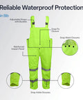 FrogWear GLO 8000 High Visibility Three Piece Rain Suit Unisex Waterproof Jacket Bibs With Detachable Hood, neon yellow bibs with reflective 3M tape, adjustable straps and closures