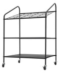 Heavy Duty Three Tier Mobile Paper Rolls Organizer With Slick Metal Frame And Twenty Roomy Slots rolling cart in black with three shelves.