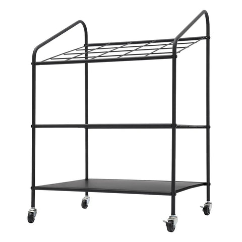 Heavy Duty Three Tier Mobile Paper Rolls Organizer With Slick Metal Frame And Twenty Roomy Slots rolling cart in black with three shelves.
