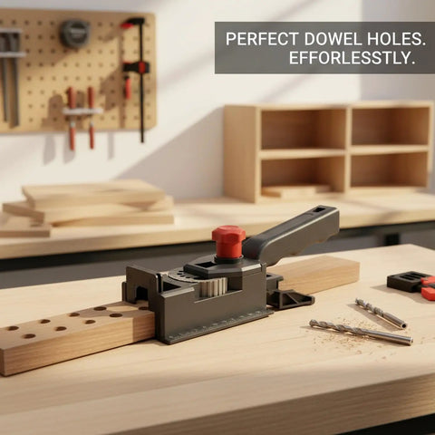 Rock Solid Woodworking Drill Guide Jig For Dead On Accurate Dowel Holes And No Sweat Furniture Assembly With Ten Polycarbonate Alignment Slots on a workbench.