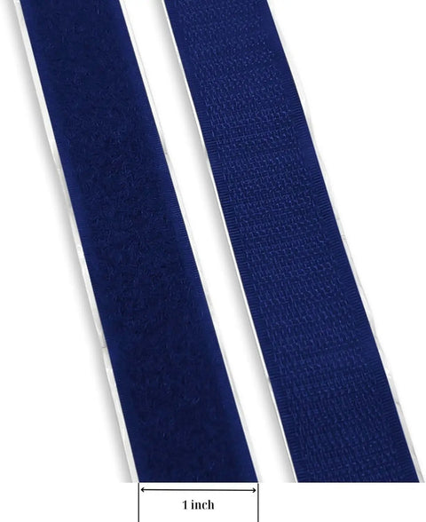 One Inch Wide Navy Hook And Loop Self Adhesive Tape Heavy Duty Blue Fastener Strips close-up showing nylon texture and adhesive backing.