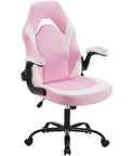 Pink and white gaming desk chair with ergonomic lumbar support, PU leather, flip up armrests, height adjustable, swivel wheels.