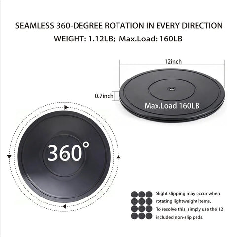 Heavy Duty 12 Inch Lazy Susan Rotating Turntable With Non Slip Pads Spins Smooth As Butter Handles Hefty Loads Like A Champ Kitchen Organizer You Actually Love displaying 360-degree rotation and weight capacity.
