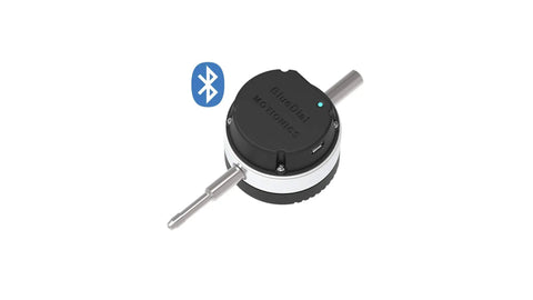 BlueDial Lite Bluetooth Dial Indicator With Ultra Fine 0.001mm Resolution, 12.7mm Range, Wireless 8 Hz Data, 20m Indoor And 30m Outdoor Reach, 400mAh Rechargeable Battery, Next Level Precision Gauge For Tight Tolerances In Machining. Top view with Bluetooth symbol.