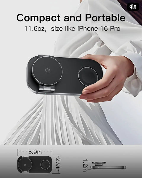 Person holding 3 In 1 Wireless Charging Stand With Qi2 25W Fast Charge Foldable MagSafe Dock For iPhone 17 Series And Earlier.