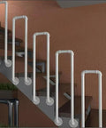 Tough As Nails Industrial Pipe Railing Featuring Slick Non Slip Iron Guardrail For Indoor Outdoor Steps And Decks, white tubular railing on stairs.