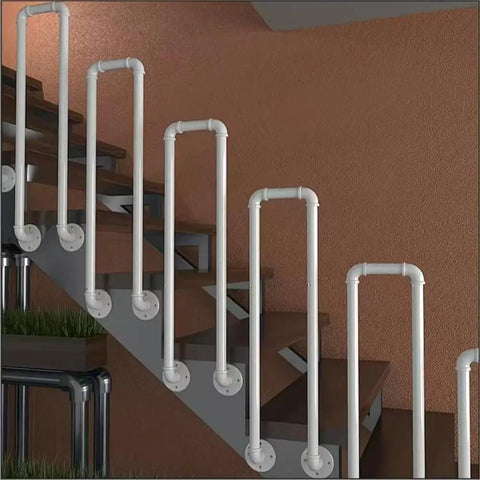 Tough As Nails Industrial Pipe Railing Featuring Slick Non Slip Iron Guardrail For Indoor Outdoor Steps And Decks, white tubular railing on stairs.