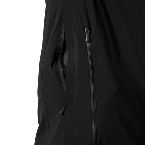 Close-up of zipper pocket detail on All Conditions Alpine Ski Jacket With Tech-Pro Waterproof Breathable System, black fabric.