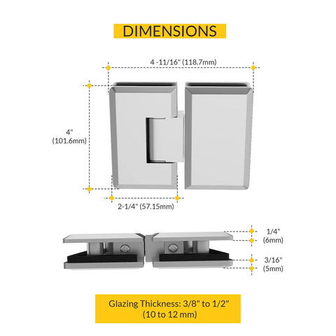 Glass To Glass Mount Hinge 180 Degree Self Closing Satin Finish Solid Forged Brass dimensions and thickness details