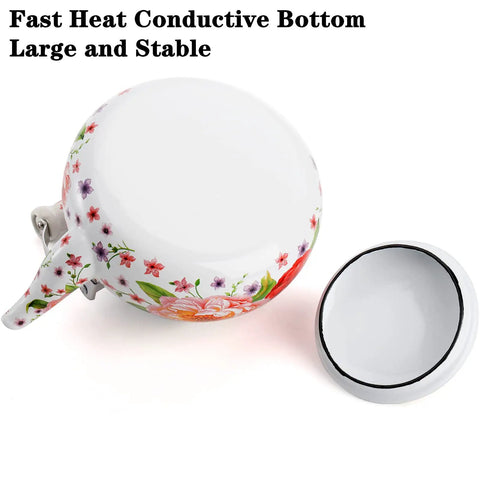 Bottom view of Enamel Steel Tea Kettle Stovetop 2.6 Quart Large Porcelain Enameled Teakettle 2.5L with lid, floral design.