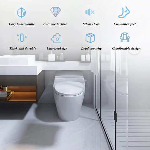 Elongated Toilet Seat With Quiet Close, Grip Tight Bumpers, Easy To Install And Clean, White Comfort Seat For Heavy Duty Use, strong bearing capacity, anti slip, durable construction for quiet nighttime use installed in bathroom.