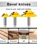 3-piece 45 Degree Lock Miter Router Bit Set for Tongue and Groove shown with wood types; one half inch shank, carbide cutters.