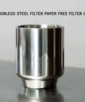 Rock Solid Stainless Steel Pour Over Coffee Dripper With Fine Mesh Metal Filter For Zero Paper Nonsense And Camp Ready Brewing front view of a reusable filter cup.